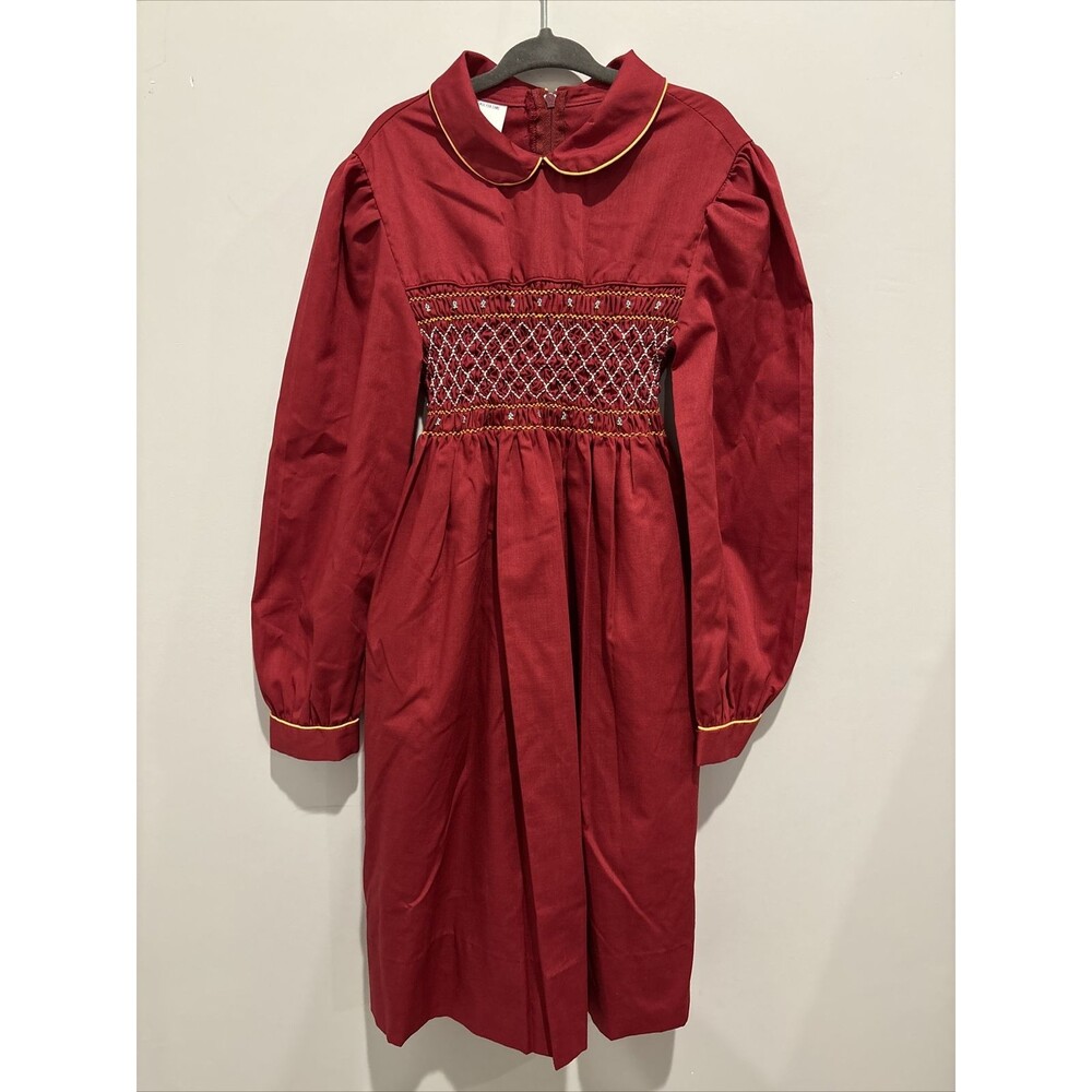 VINTAGE GIRL'S RED SMOCKED LONG SLEEVE DRESS - POLLY FLINDERS - SIZE 8
